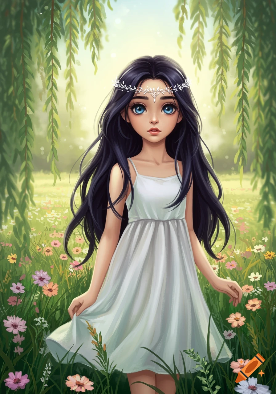 A young girl with long dark hair and blue eyes, wearing a white dress and leafy headpiece, standing in a field of wildflowers. Digital painting.