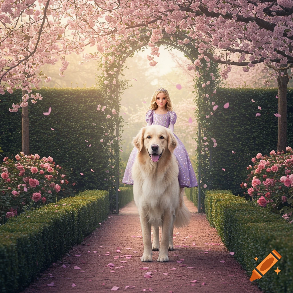 A princess in a purple dress rides a large golden retriever through a beautiful garden with pink cherry blossoms and falling petals.