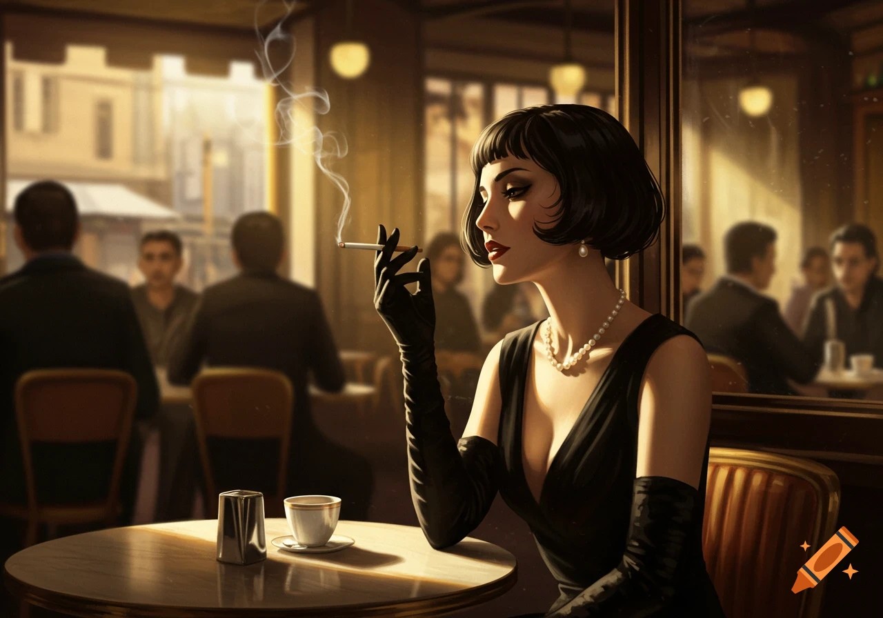 A stylized illustration of a chic woman with a bob haircut and long gloves smoking in a vintage cafe.