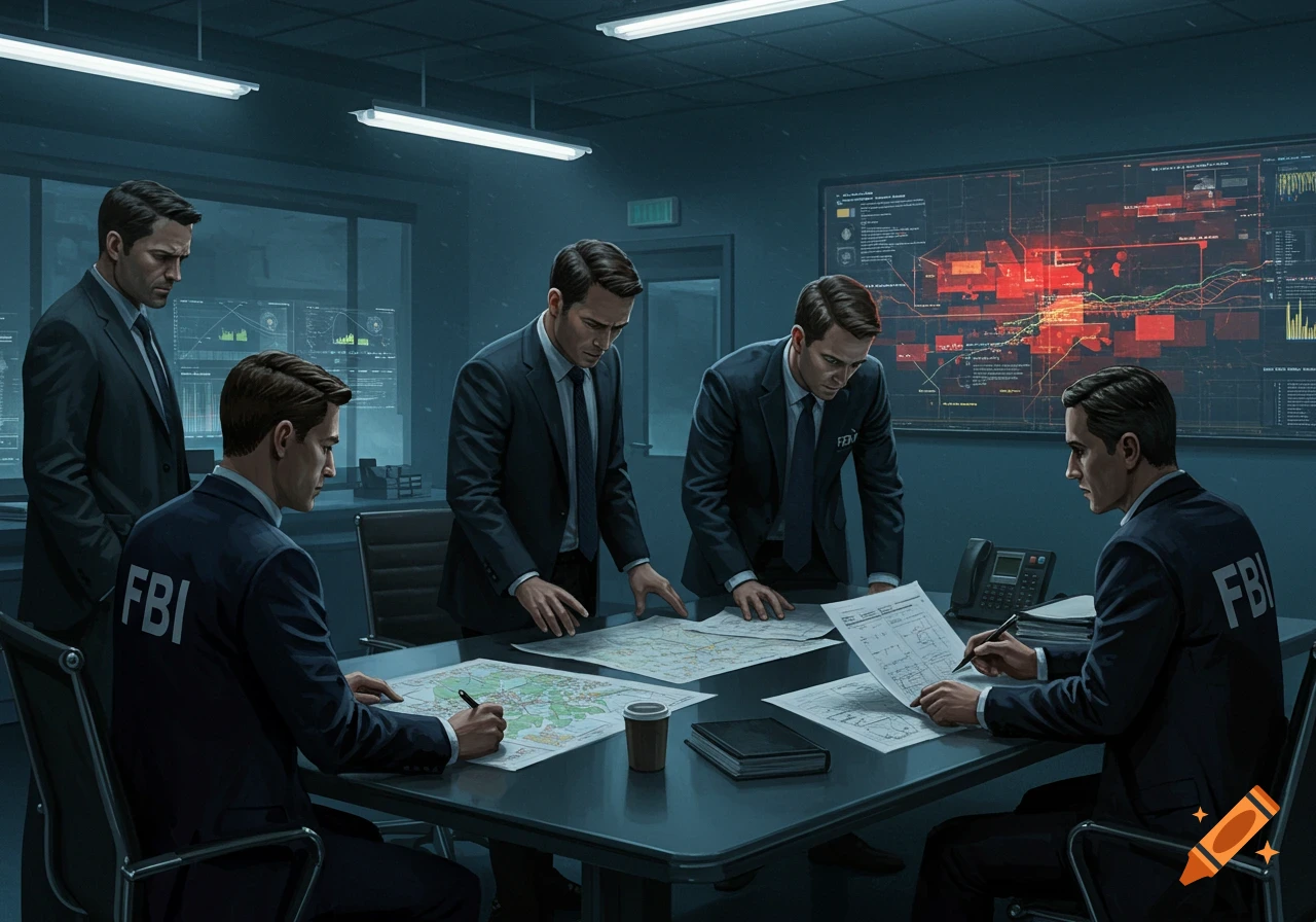 Five FBI agents in suits analyze maps and data on screens during a meeting in a dimly lit office.