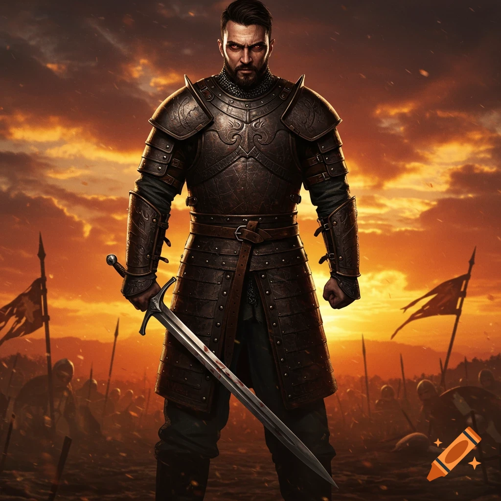 A powerful warrior in dark leather armor with glowing red eyes stands on a battlefield at sunset, holding a blood-stained sword.