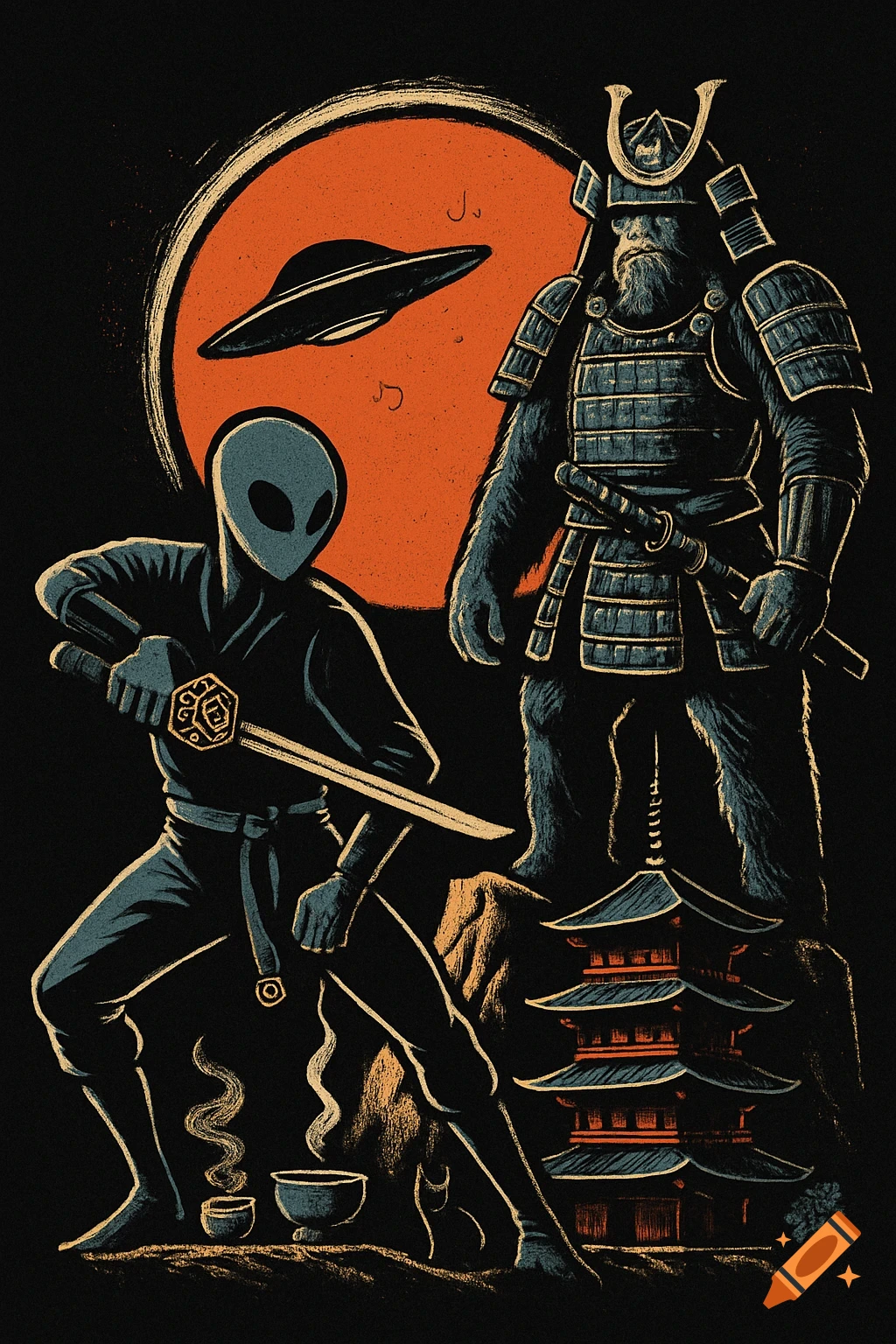 An alien ninja and a samurai Bigfoot stand on a cliff with a pagoda below, under a large orange sun with a flying saucer. Retro woodblock style.