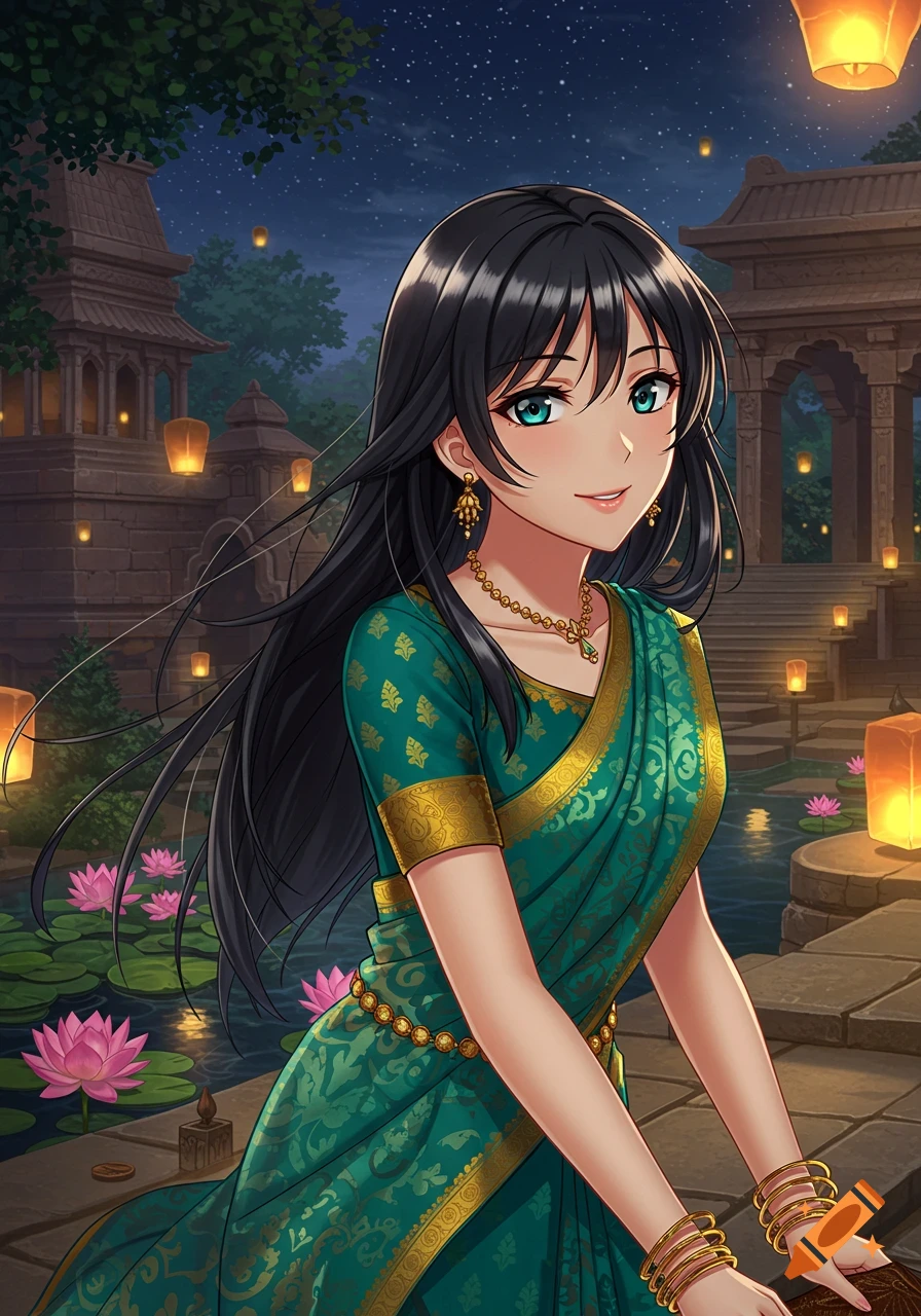 An anime girl with black hair and green eyes in a traditional green and gold Indian saree, stands at night near a pond with lotus flowers and glowing lanterns amidst ancient temples.