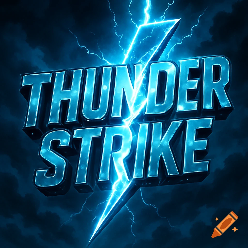 3D text 'THUNDER STRIKE' with a bright blue lightning bolt striking through the words, set against a dark, cloudy sky.