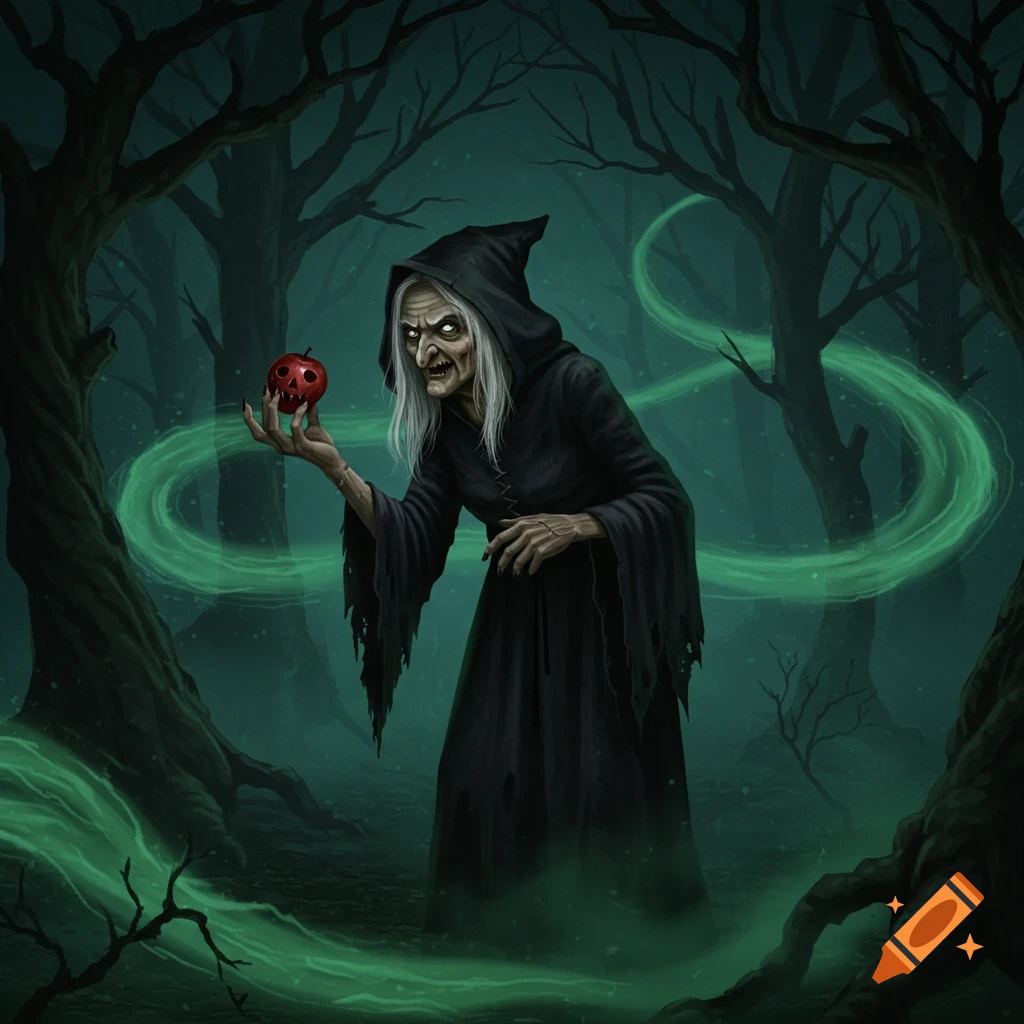 An old witch in a dark hooded robe with white hair holds a red poison apple amidst glowing green mist in an eerie forest.