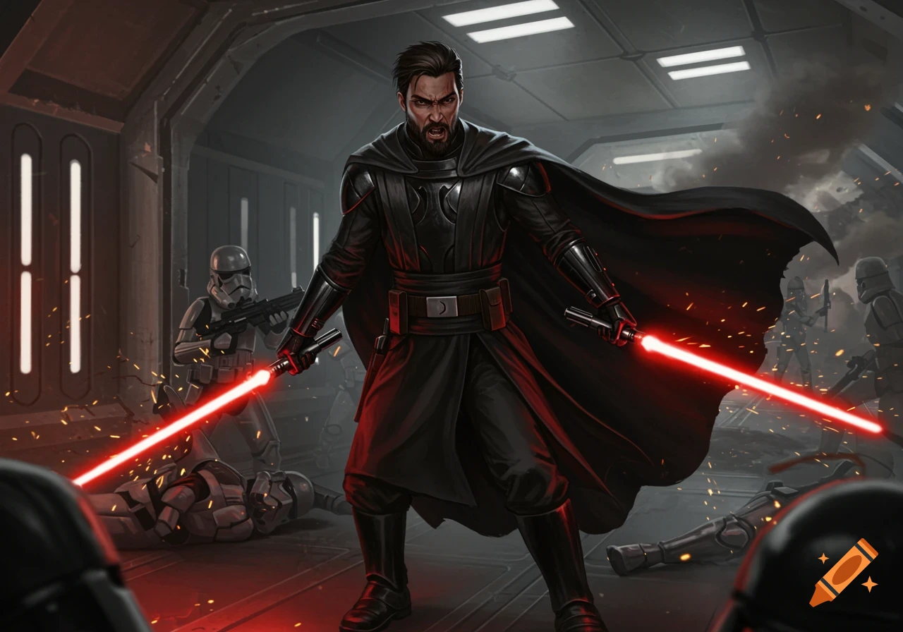 A dark-haired man in black Sith armor and cape wields two red lightsabers against Stormtroopers in a spaceship corridor.