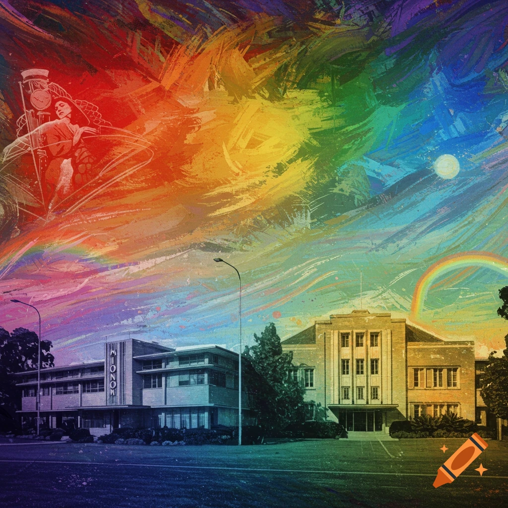 Two buildings under a vibrant rainbow sky with brushstrokes, featuring a vintage figure and a moon.