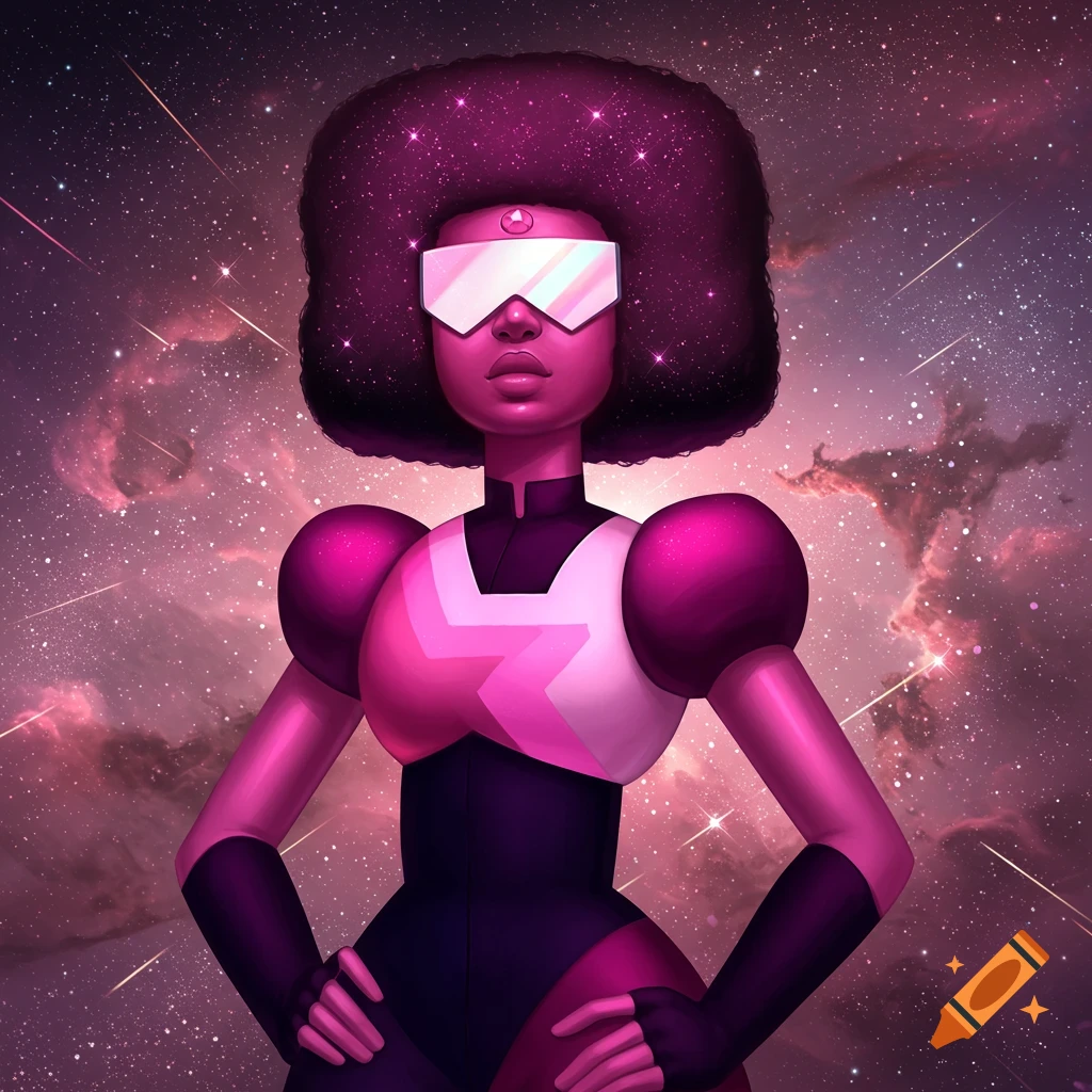 A character resembling Garnet from Steven Universe, with dark skin, an afro, and a visor, stands in a vibrant starry space.