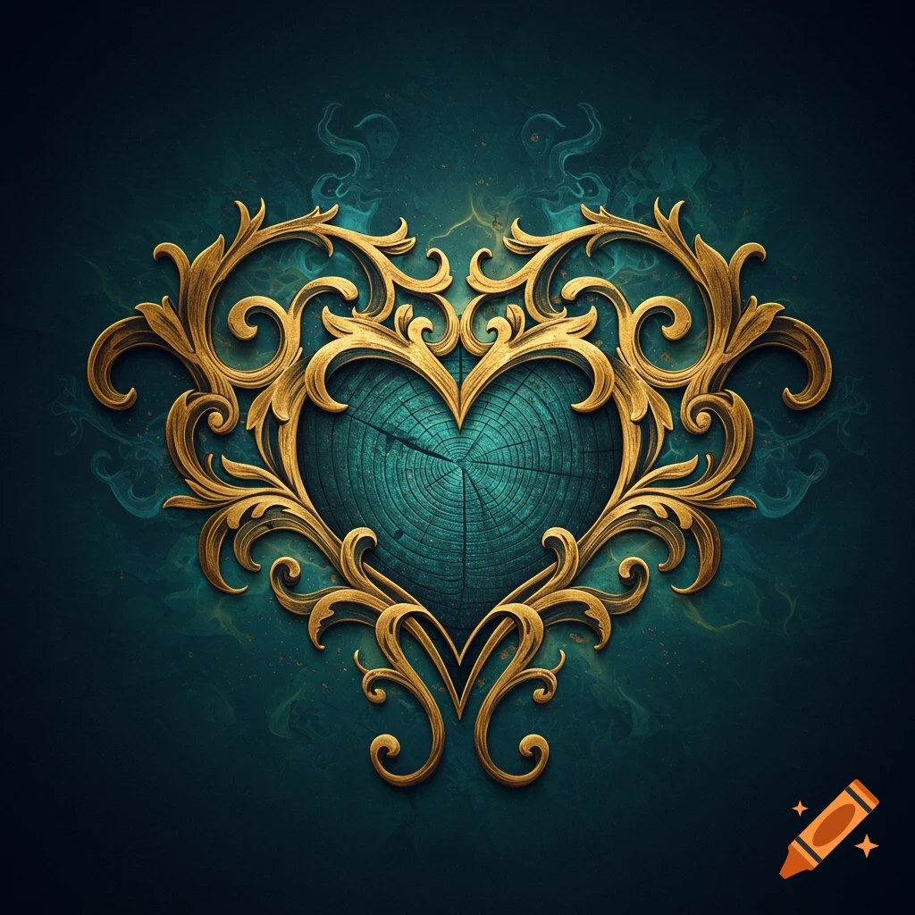 A decorative heart emblem with a teal wooden core showing growth rings, surrounded by ornate golden filigree on a dark teal and blue smoky background.