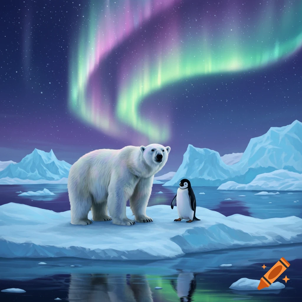 A polar bear and a penguin stand on an ice floe under a vibrant green and purple aurora borealis sky with icebergs.