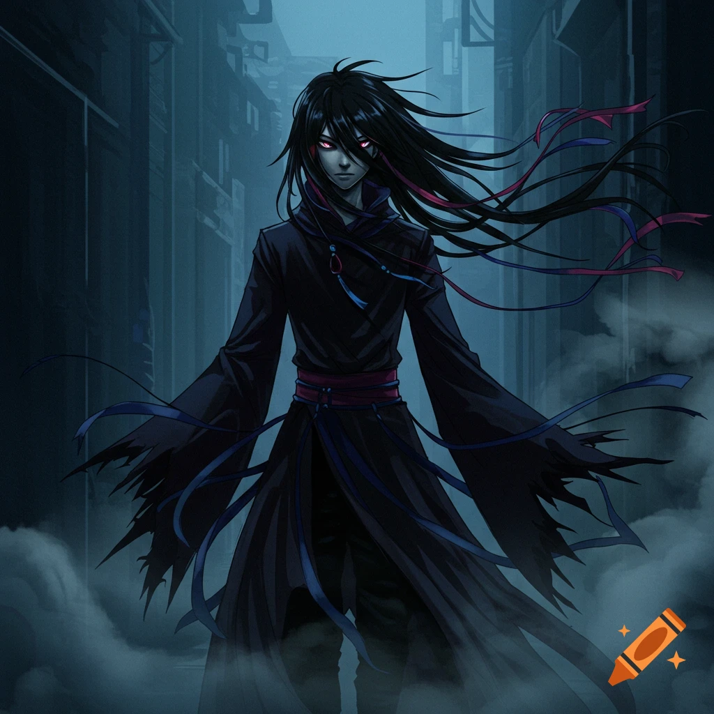 A dark anime figure with long black hair, glowing red eyes, and flowing dark robes stands in a misty alley.