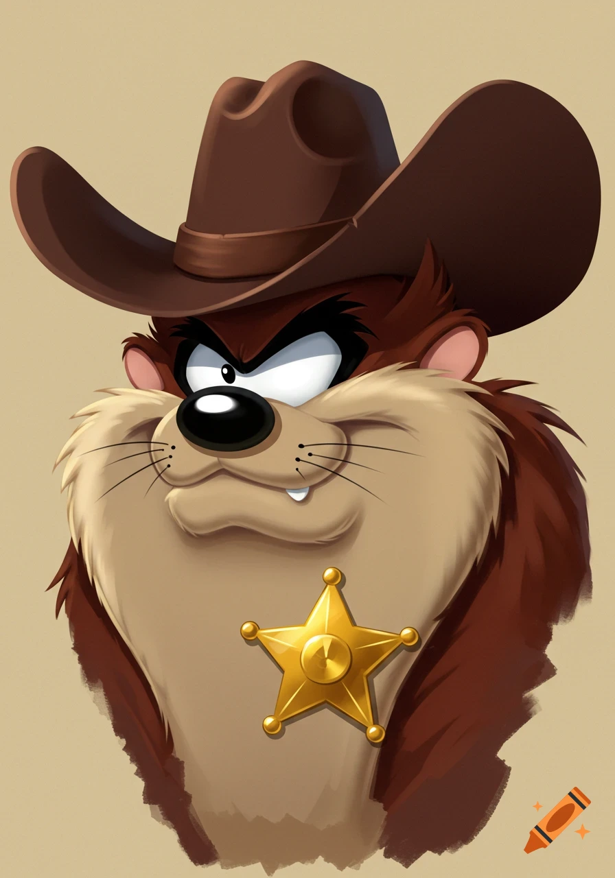 A cartoon portrait of the Tasmanian Devil wearing a brown cowboy hat and a gold sheriff's star.