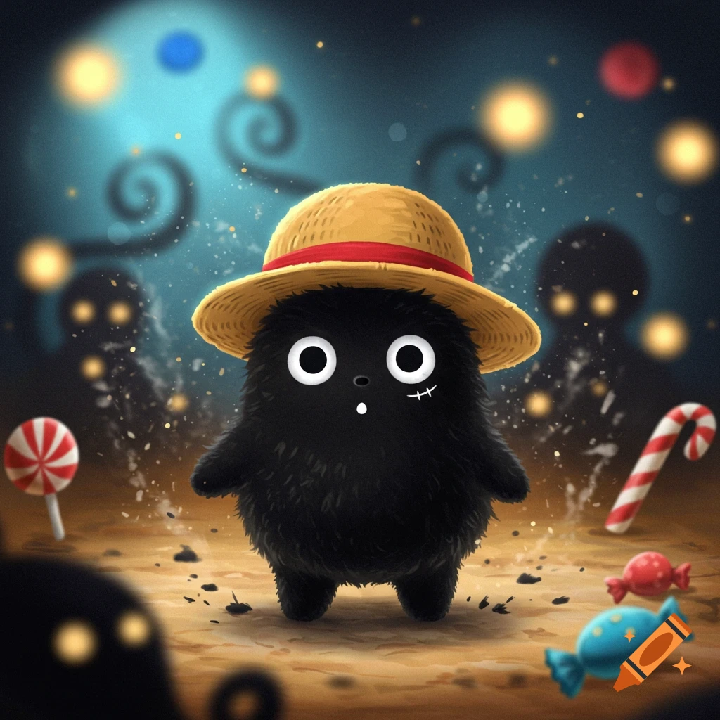 A fluffy black creature resembling a soot sprite wears a straw hat, standing among candies with shadowy figures and glowing lights in the background.