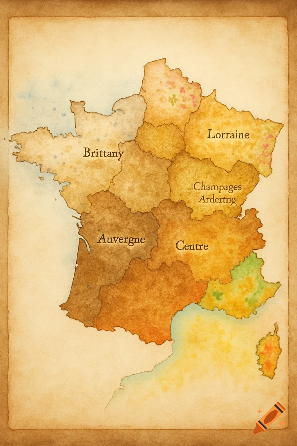 Watercolor map of France showing various regions, including Brittany, Lorraine, Auvergne, Centre, and a misspelled 'Champages Ardertng'.
