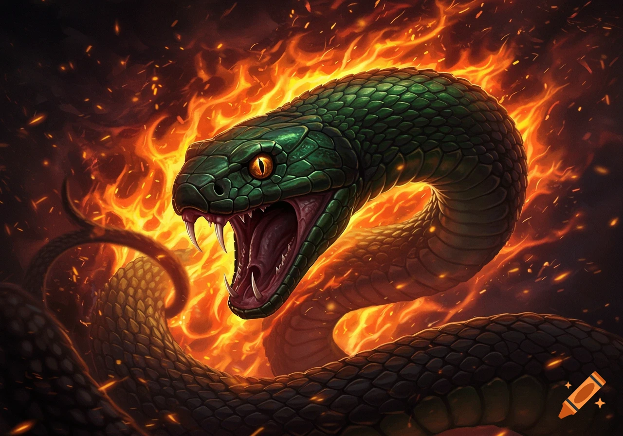 A dark green snake with an open mouth and fangs, set against a backdrop of bright orange flames with flying sparks.