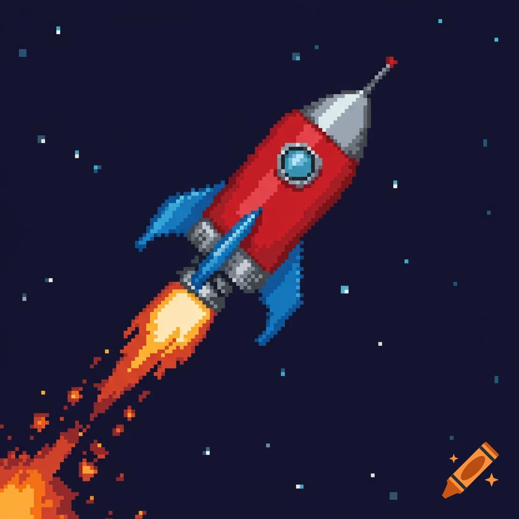 A red pixel art rocket with blue fins flies through a starry dark blue space, leaving a bright orange and yellow fiery trail.