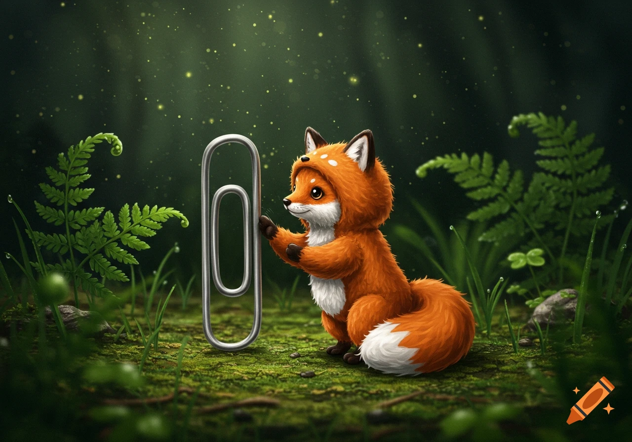 A cute fox-like creature wearing a hoodie stands next to a giant paperclip in a whimsical forest.