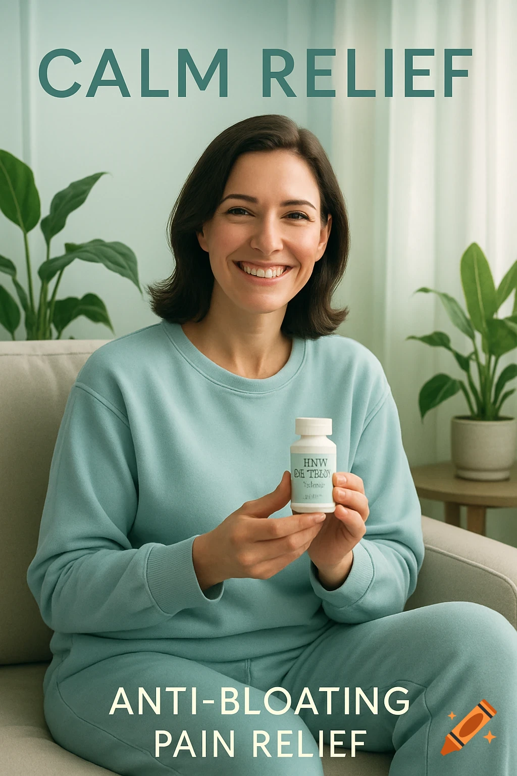 A smiling woman in a teal sweatsuit sits on a couch, holding a white medicine bottle. Text reads "CALM RELIEF" and "ANTI-BLOATING PAIN RELIEF".