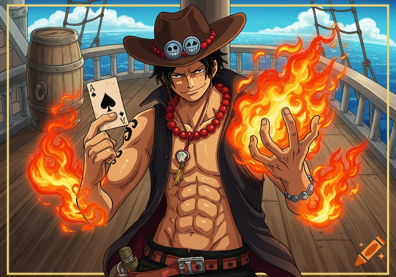 Anime-style illustration of Portgas D. Ace with his hat, red beads, and flame tattoos, holding a flaming ace of spades on a pirate ship.