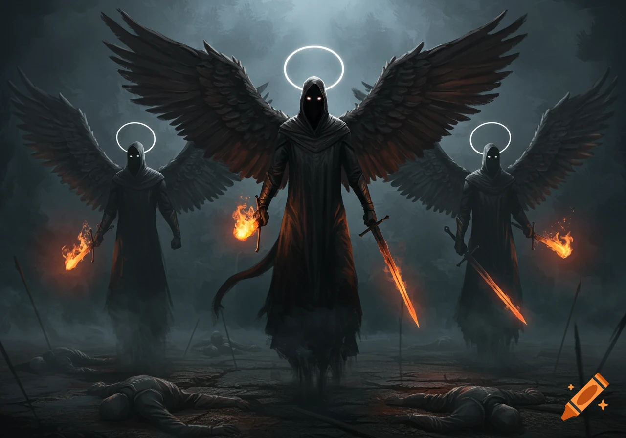 Three dark angel warriors with glowing eyes, black wings, and halos stand over fallen bodies on a misty battlefield with flaming swords.