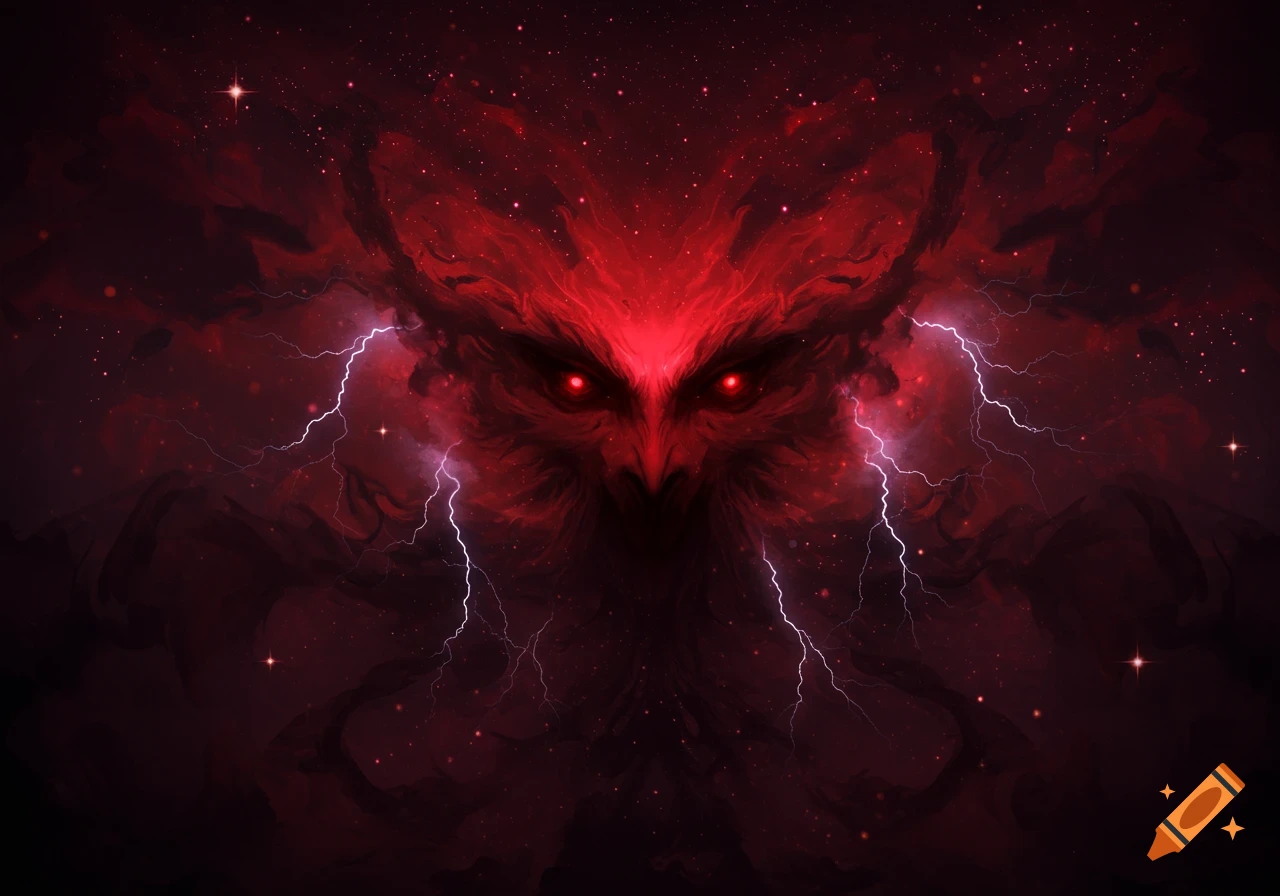 A menacing red cosmic entity with glowing eyes and lightning emanating from its form, set against a dark, starry sky.