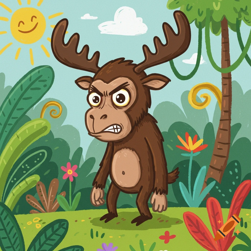 Cartoon angry creature with a moose head and monkey body standing in a jungle, with a smiling sun in the sky.