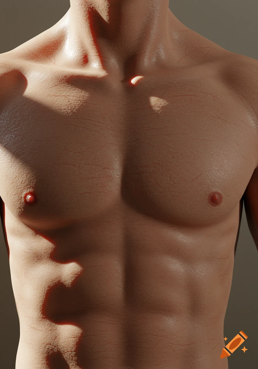 Close-up, photorealistic view of a male torso, showing chest, shoulders, and upper abdomen with defined musculature and natural lighting.