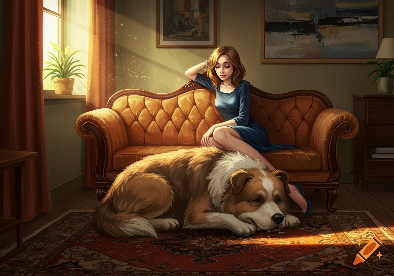 A woman in a blue dress sits on a brown sofa, looking at a large brown and white dog lying on a patterned rug in a sunlit room.