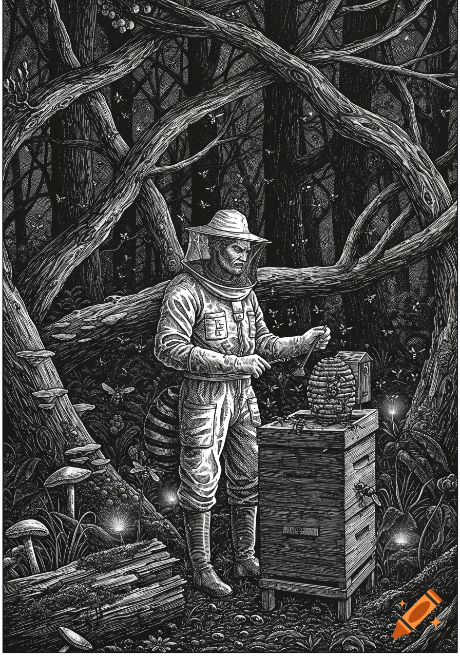 A man in a beekeeper suit tends to a beehive in a dark, enchanted forest, surrounded by trees and glowing insects, in the style of a black and white engraving.