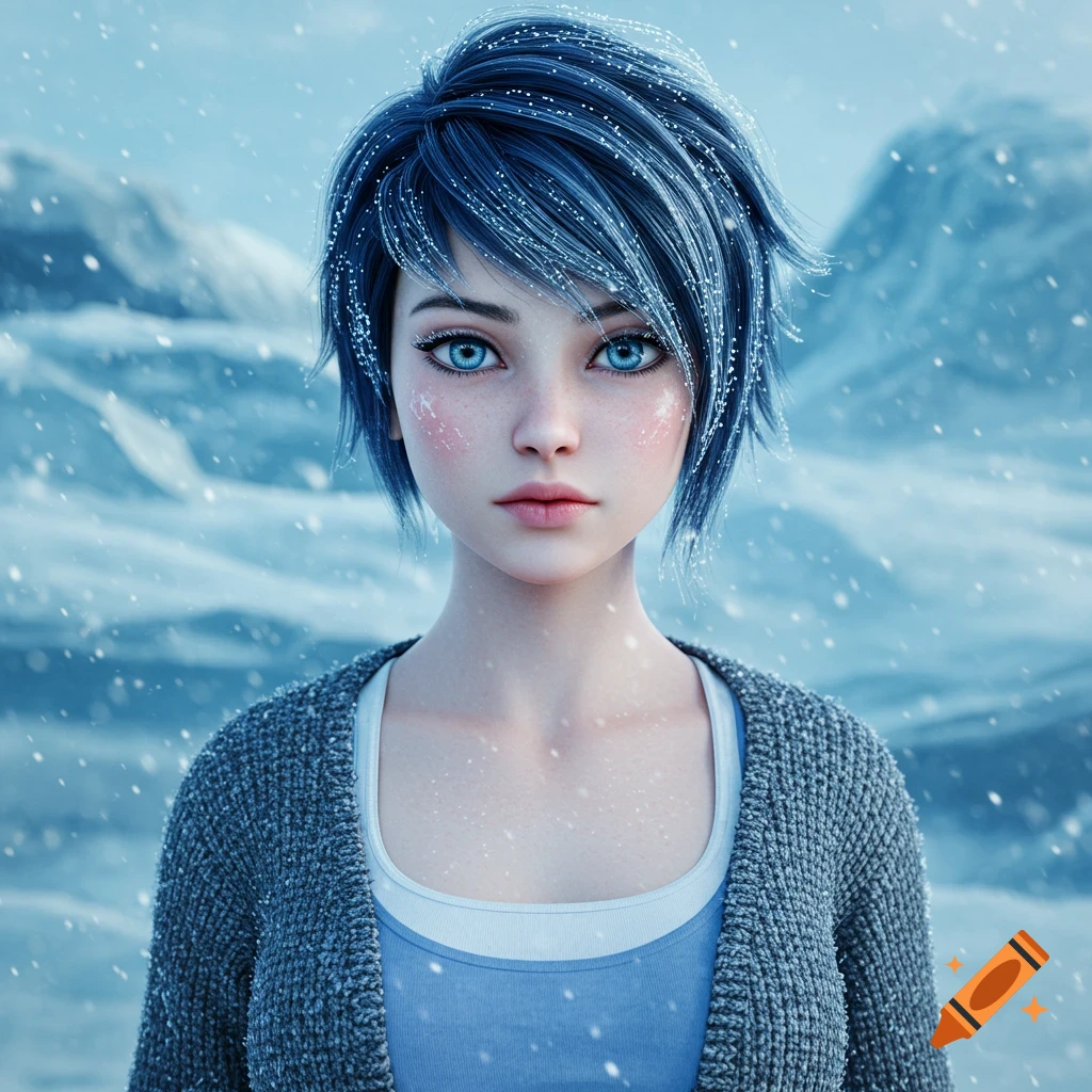 Realistically rendered portrait of a young woman with blue hair and blue eyes, standing in a snowy, icy landscape.