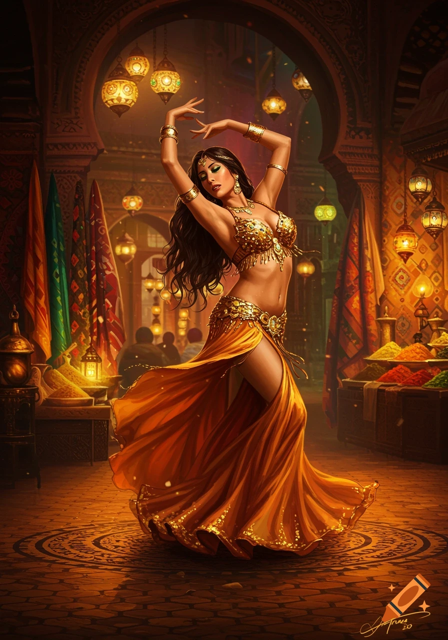 A woman in a gold belly dancing costume poses in a warmly lit, ornate market with lanterns and spices, digital illustration.