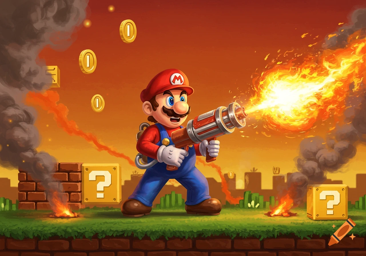 Mario wields a flamethrower, shooting fire across a vibrant, stylized video game landscape with question blocks and floating coins.