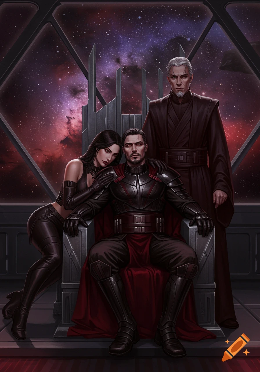 Three Star Wars-style characters, a man in dark armor on a throne, a woman leaning on him, and another man standing, in a spaceship looking out at a nebula.
