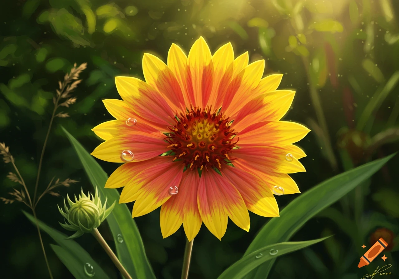 Vibrant yellow and red flower with water droplets, sunlit green background. Digital painting.