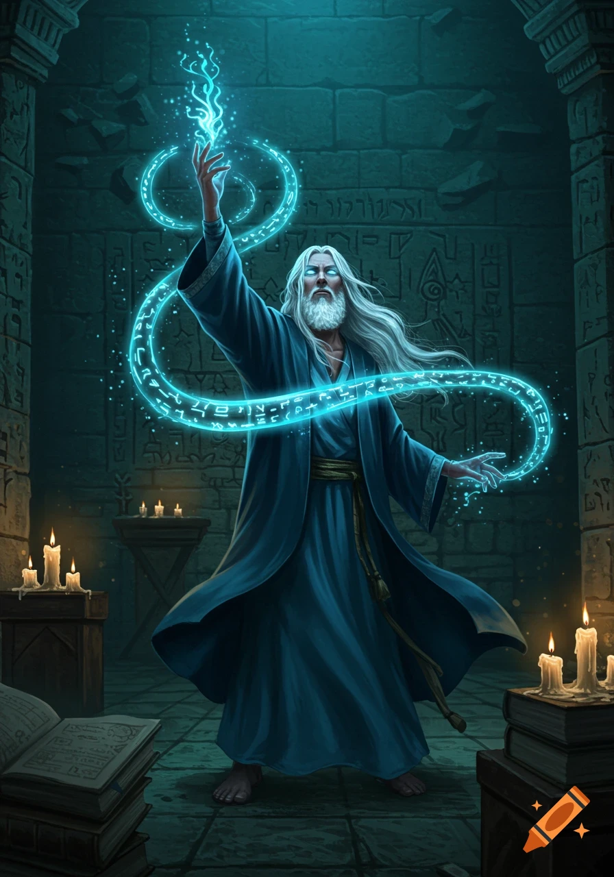 A white-bearded wizard in a blue robe casts a glowing blue spell filled with arcane symbols in an ancient stone chamber.