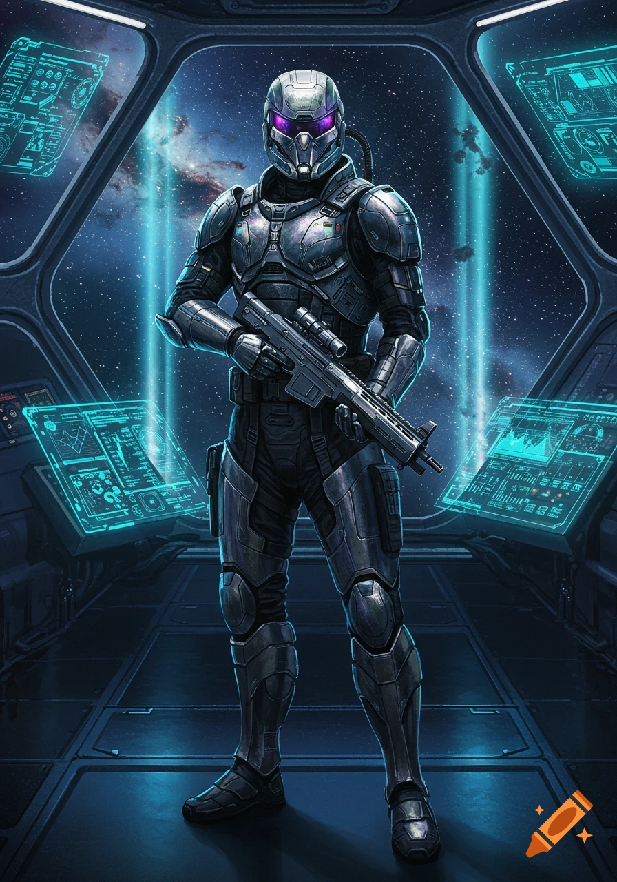 A futuristic soldier in metallic armor with a rifle stands inside a spaceship bridge with holographic screens showing space through windows.