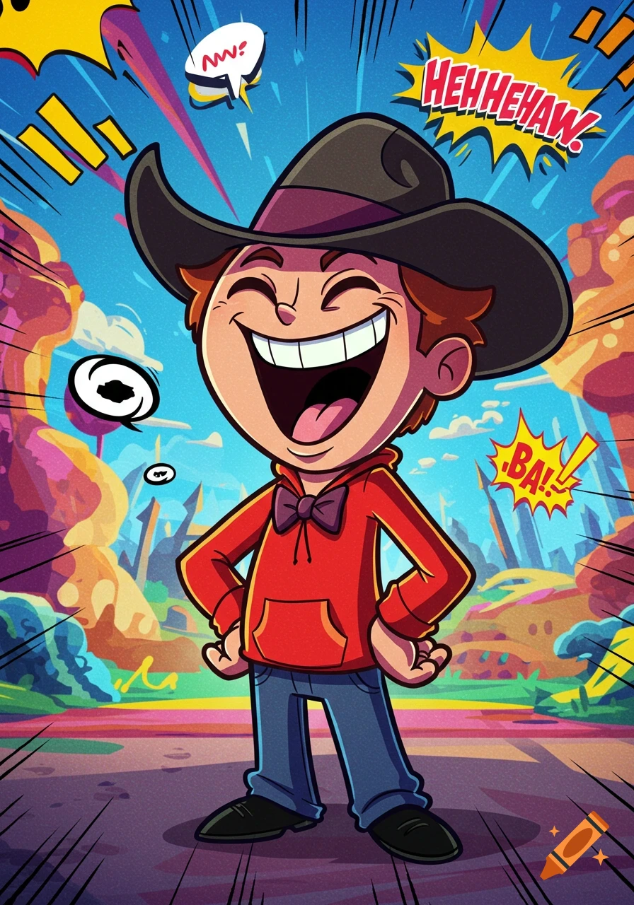 Cartoon boy in a cowboy hat and red hoodie laughing, in a vibrant comic book style with speech bubbles.