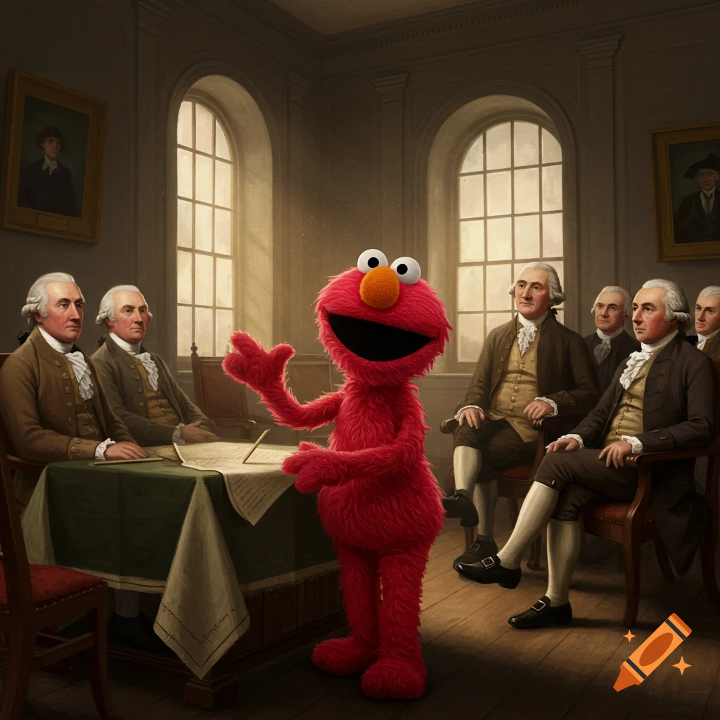 Elmo stands at a table with 18th-century historical figures in a grand hall, appearing to sign a document.