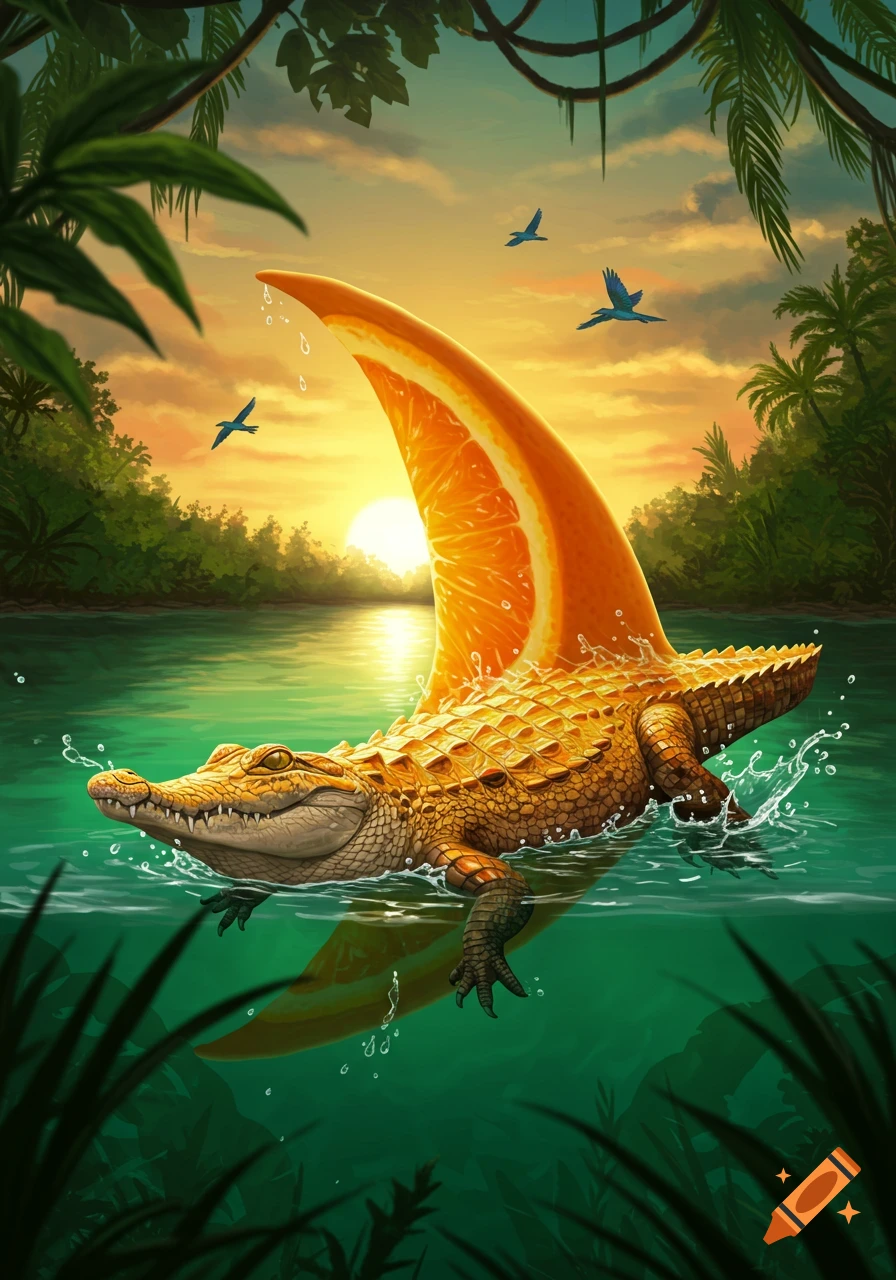 A fantastical orange-skinned crocodile with an orange slice fin swims in a river at sunset, with jungle and birds.