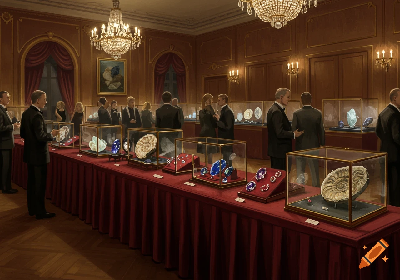 A formal exhibition hall with attendees viewing precious gems, minerals, and fossils displayed in glass cases on a long red-draped table under chandeliers.
