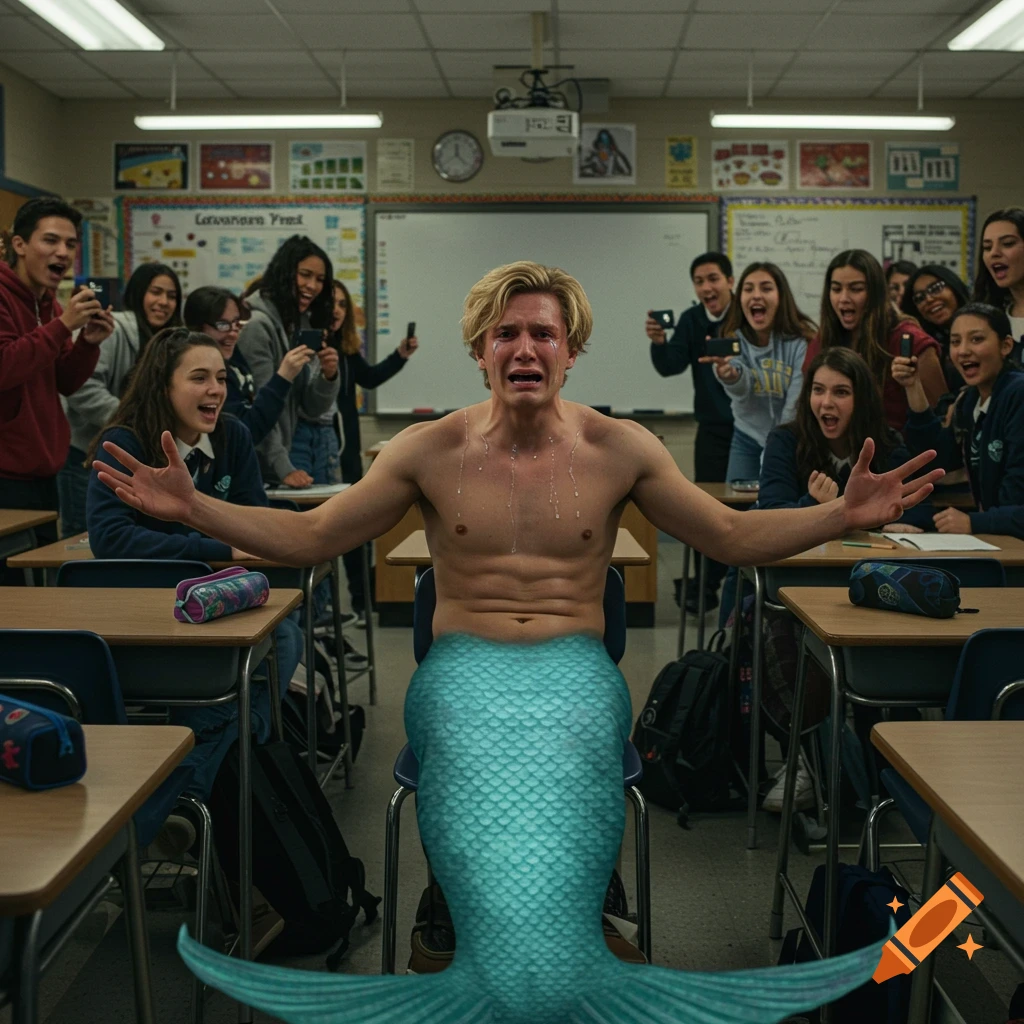 Photorealistic image of a blonde merman crying with embarrassment in a high school classroom as students point and take pictures.