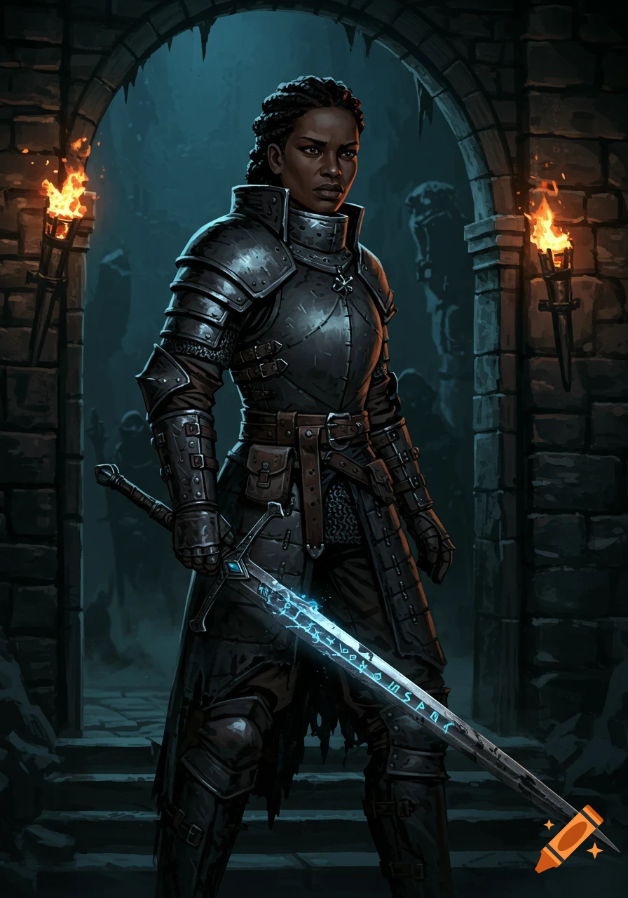 A dark-skinned female warrior in full plate armor holds a glowing runic sword in a gloomy stone archway lit by torches.