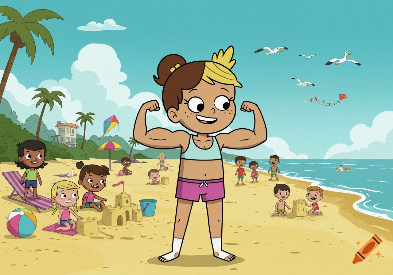 A cartoon girl with brown hair and blonde bangs flexes her muscles at a sunny beach while other children play in the sand and water.