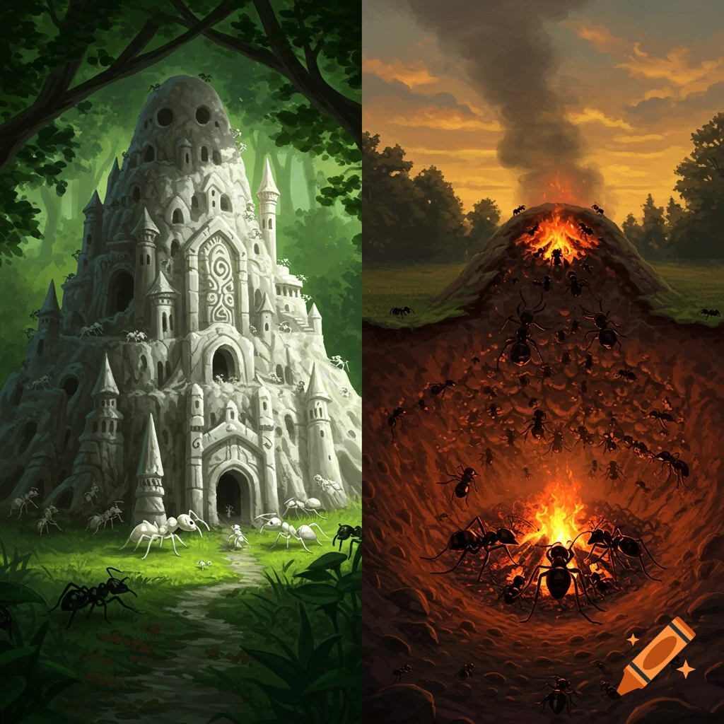 Split image. Left: White ants on a fantasy castle anthill in a green forest. Right: Black ants around a fiery volcano anthill at sunset.