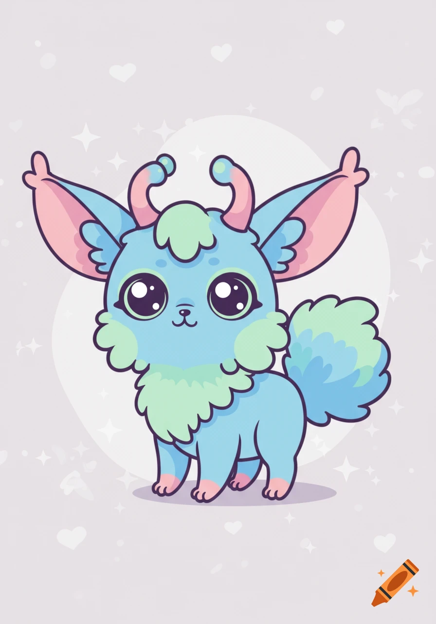 A cute, blue, pink, and green cartoon fantasy creature with large eyes and horns, on a light background with subtle stars and hearts.