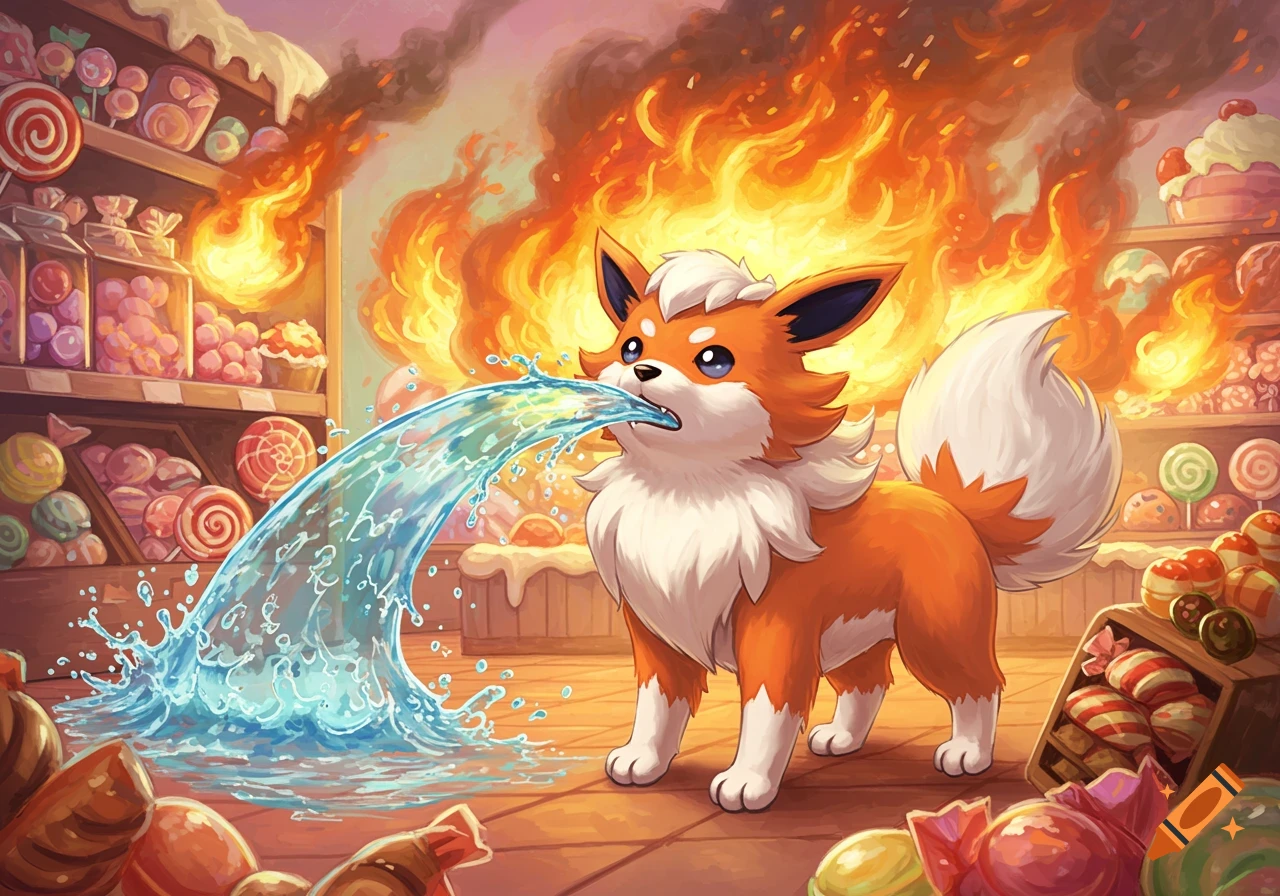 A cartoon orange and white Pokémon-style creature spews water to put out a fire in a candy shop filled with sweets.