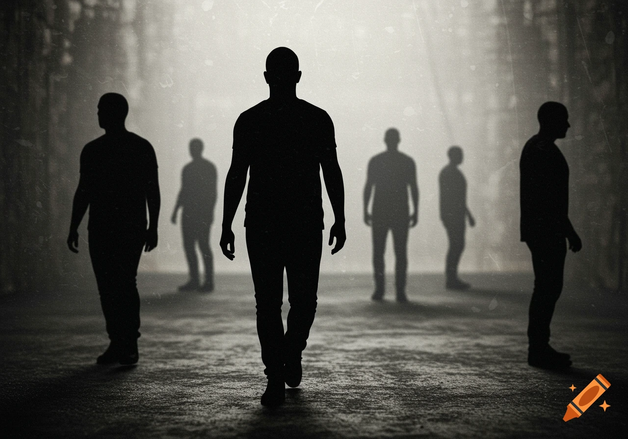 Silhouettes of several men, one in the foreground walking towards the viewer, others behind in a hazy, textured, light-filled environment.