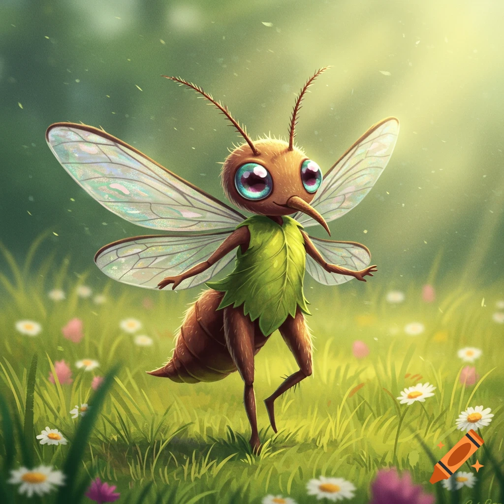 A cute, cartoon mosquito character with big eyes and a leaf outfit stands in a sunny grassy field.