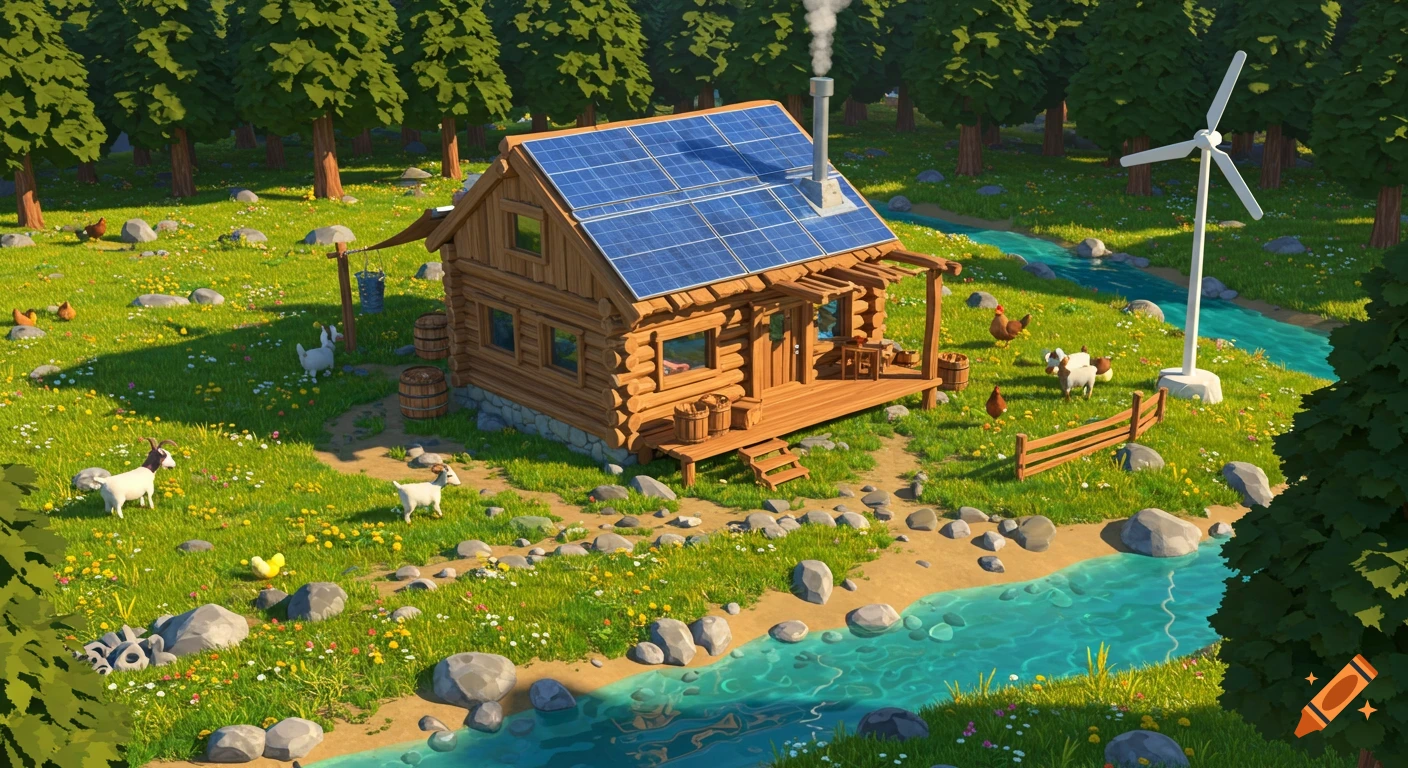 Cartoon illustration of an off-grid log cabin with solar panels, a wind turbine, a stream, and grazing farm animals in a sunny meadow.