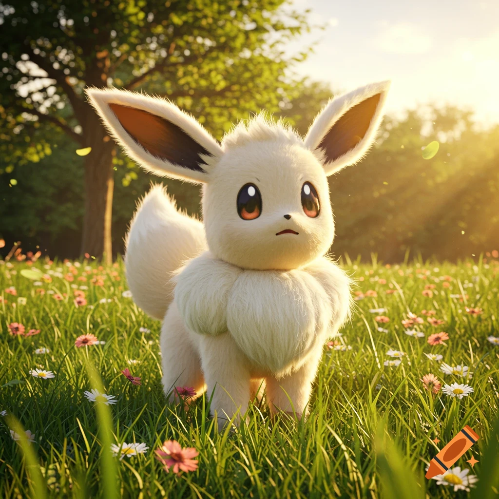 A fluffy Eevee stands in a sunny, grassy field filled with small wildflowers, with trees in the background.